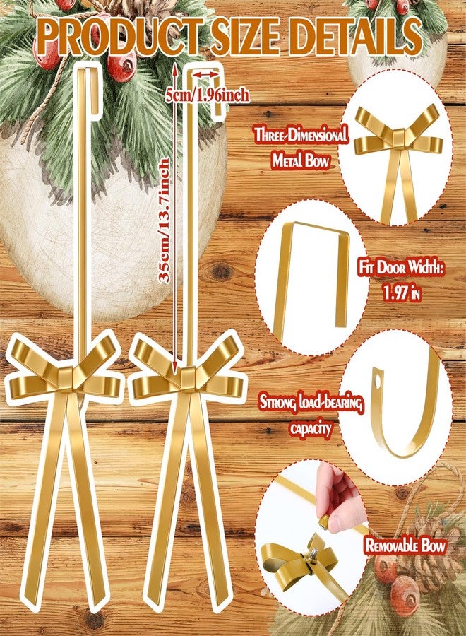 Otoolling 2 Pack Christmas Wreath Hangers for Front Door Christmas Decoration Metal Bow Door Wreath Hanger Front Gold Bow Garland Hooks Hanging Welcome Sign for Xmas Halloween Fall Decorations - Image 3